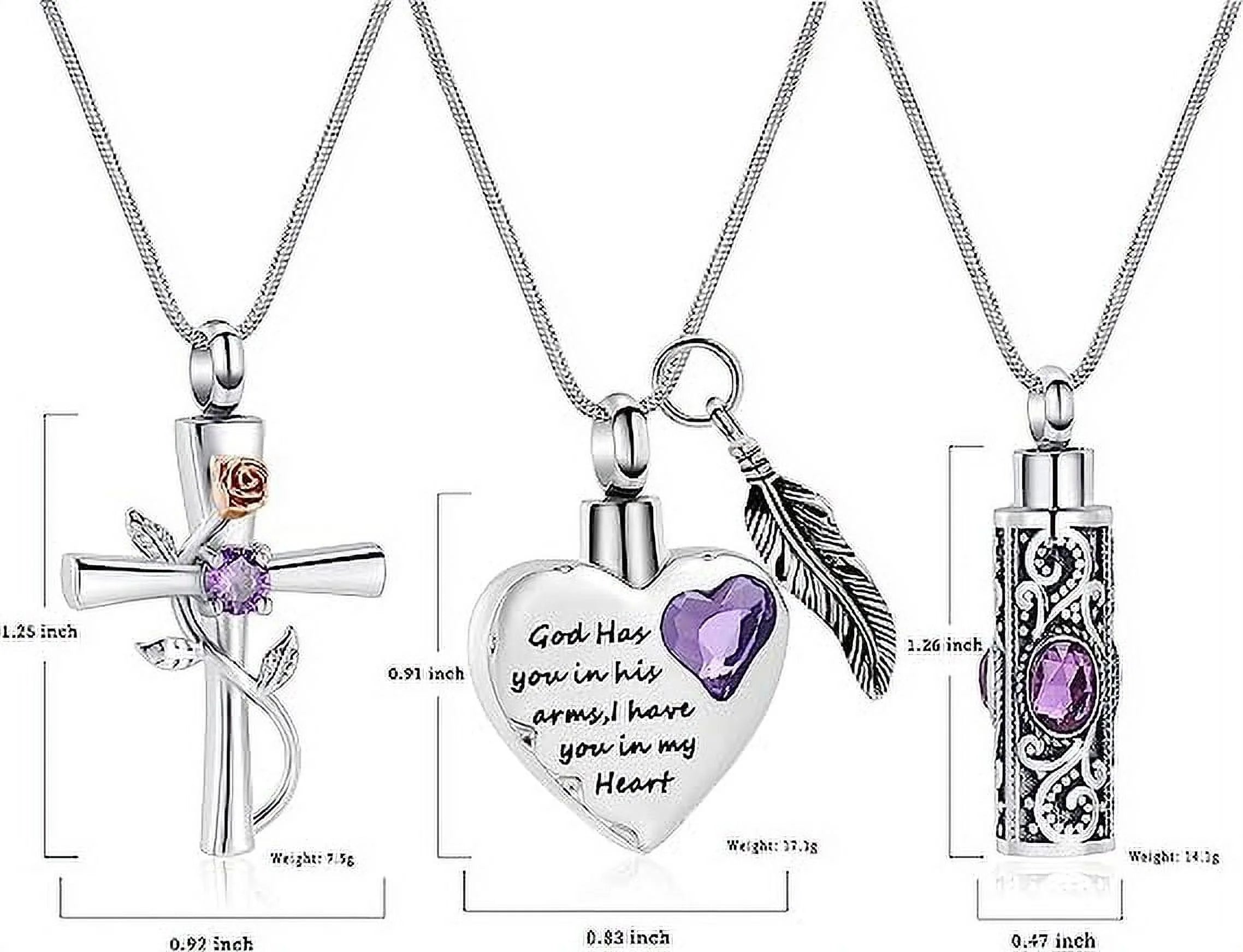 Cylinder Cross Heart Memorial Urn Necklace, Stainless Steel, 3 Pieces Set